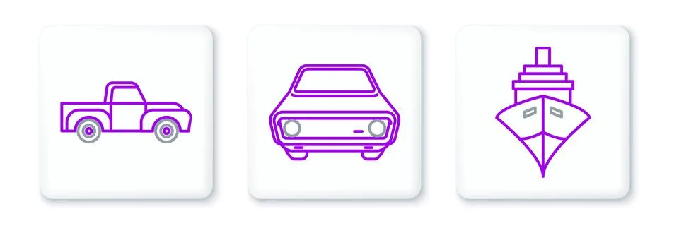 Set line Cargo ship, Pickup truck and  icon. Vector Stock Illustration
