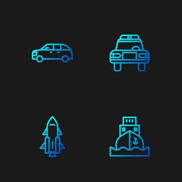 Set line Cargo ship, Rocket with fire, Hatchback car and Police and flasher.. Stock Illustration
