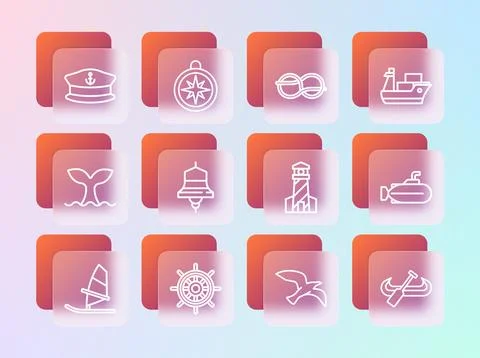 Set line Cargo ship, Ship steering wheel, Lighthouse, Bird seagull, bell, N.. Illustrazione stock