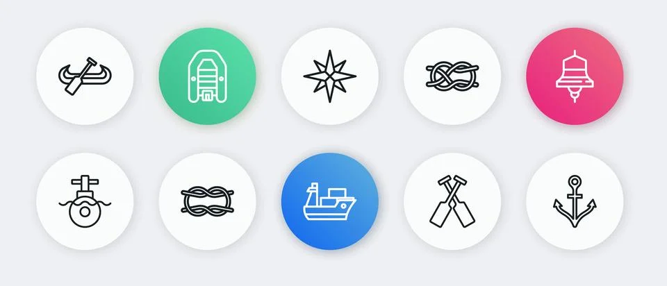Set line Cargo ship, Ship bell, Submarine, Crossed oars or paddles boat, Na.. Illustrazione stock