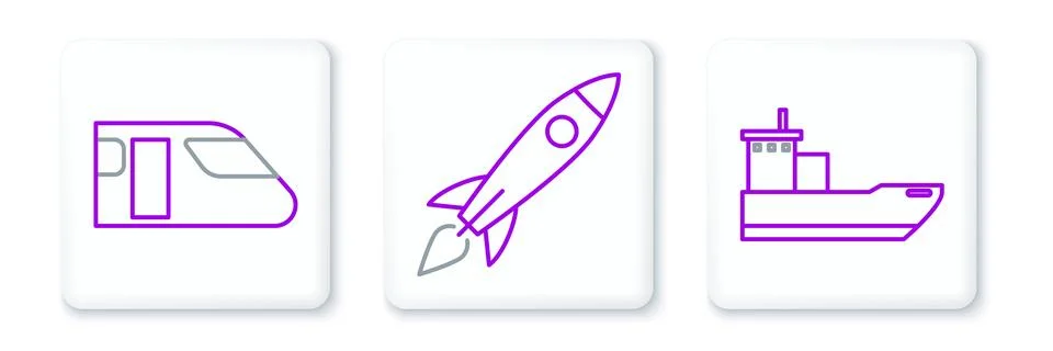 Set line Cargo ship, Train and Rocket with fire icon. Vector 스톡 일러스트