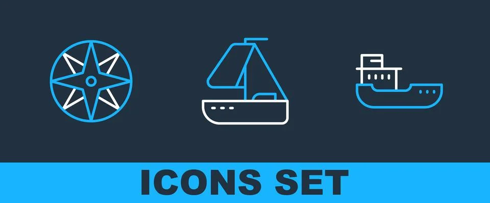 Set line Cargo ship, Wind rose and Yacht sailboat icon. Vector Stock Illustration