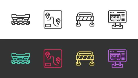 Set line Cargo train wagon, Route location, Road barrier and Ticket office to Stock Illustration