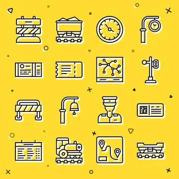 Set line Cargo train wagon, QR code ticket, Train traffic light, station clock Stock Illustration