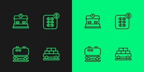 Set line Cargo train wagon, Oil railway cistern, Railway station and Online Stock Illustration