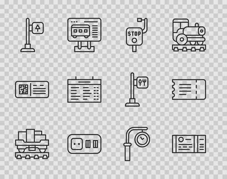 Set line Cargo train wagon, Train ticket, Emergency brake, Electrical outle.. Stock Illustration