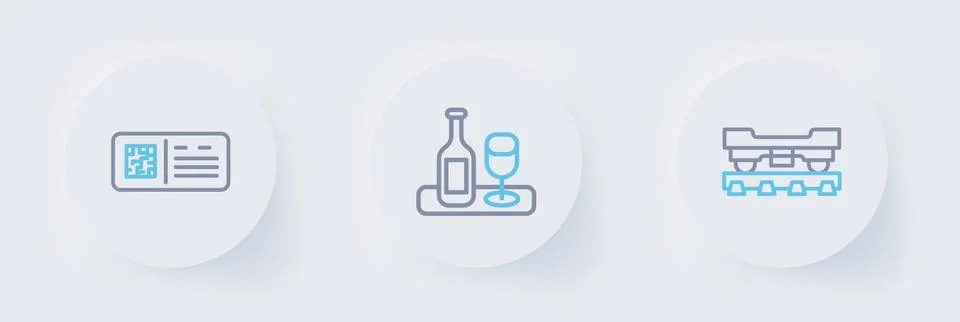 Set line Cargo train wagon, Wine bottle with glass and QR code ticket icon... 스톡 일러스트