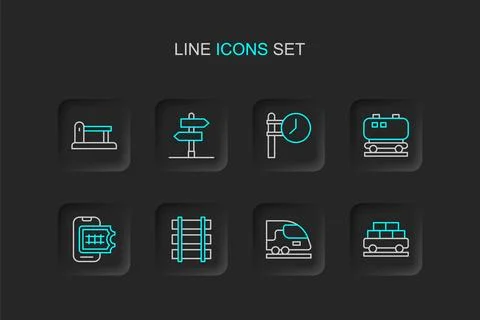 Set line Cargo train wagon, High-speed, Railway barrier, Online ticket book.. 스톡 일러스트