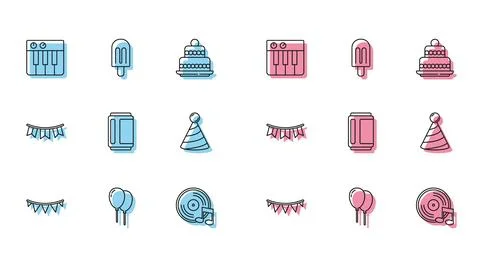 Set line Carnival garland with flags, Balloons ribbon, Music synthesizer, V.. Stock Illustration