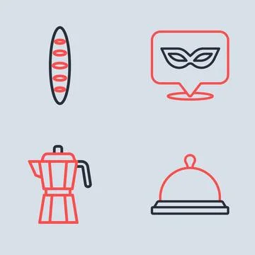Set line Carnival mask, Coffee maker moca pot, Covered with tray food and F.. 库存插图