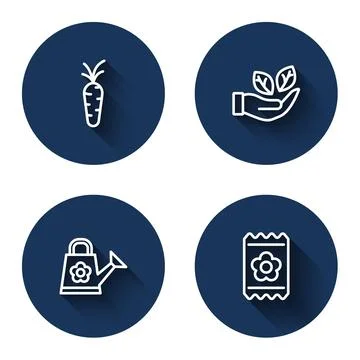 Set line Carrot, Leaf in hand, Watering can and Pack full of seeds with lon.. Stock Illustration