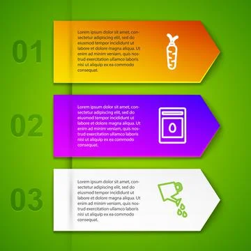 Set line Carrot, Pack full of seeds of plant and Watering can. Business infog Illustrazione stock