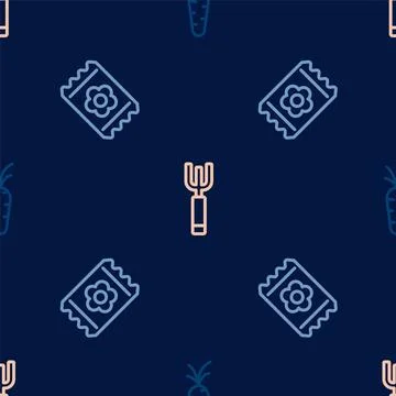 Set line Carrot, Pack full of seeds and Garden pitchfork on seamless pattern 스톡 일러스트
