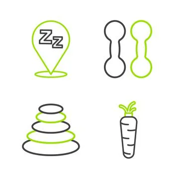 Set line Carrot, Stack hot stones, Dumbbell and Sleepy icon. Vector 스톡 일러스트