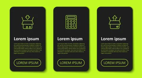 Set line Carton cardboard box, Calculator and Unboxing. Business infographic Illustrazione stock