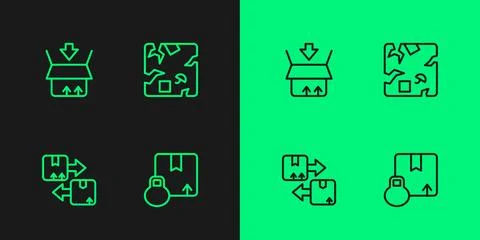 Set line Carton cardboard box, Cardboard with traffic symbol, and Broken icon Illustrazione stock
