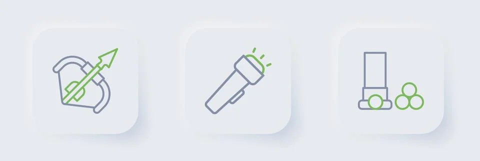 Set line Cartridges, Flashlight and Medieval bow and arrow icon. Vector 스톡 일러스트
