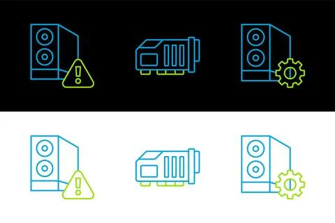 Set line Case of computer,  and Video graphic card icon. Vector Stock Illustration