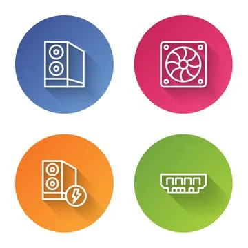 Set line Case of computer, Computer cooler, and RAM, random access memory. Color Stock Illustration