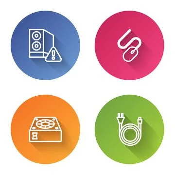 Set line Case of computer, Computer mouse, cooler and Electric plug. Color Illustrazione stock