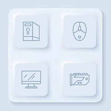 Set line Case of computer, Computer mouse, monitor screen and Video graphic card Stock Illustration