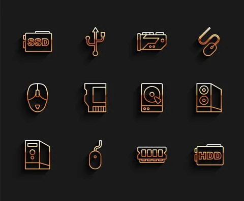 Set line Case of computer, Computer mouse, SSD card, RAM, random access memory Illustrazione stock