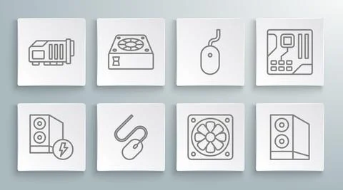 Set line Case of computer, Computer cooler, mouse, Motherboard digital chip and Stock Illustration