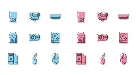 Set line Case of computer, Computer mouse, Optical disc drive, Video graphic Stock Illustration