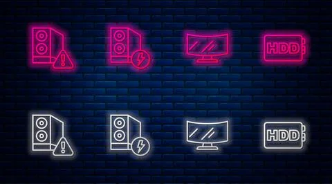 Set line Case of computer, Computer monitor screen,  and Hard disk drive HDD. Stock Illustration