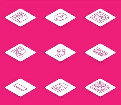 Set line Case of computer, Computer mouse, cooler, LAN cable network internet Illustrazione stock