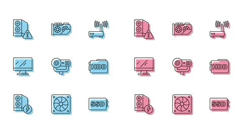 Set line Case of computer, Computer cooler, SSD card, Web camera, Hard disk Stock Illustration