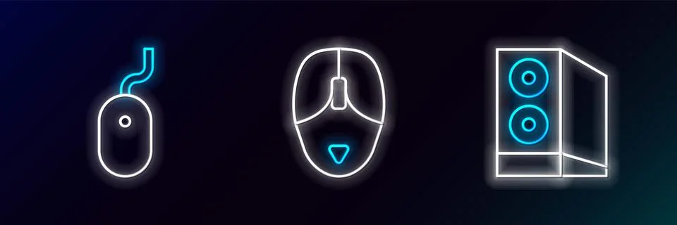 Set line Case of computer, Computer mouse and icon. Glowing neon. Vector Stock Illustration