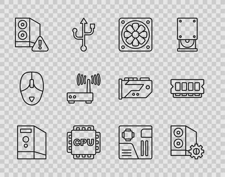 Set line Case of computer, Computer cooler, Processor with CPU, Router and wi-fi Stock Illustration