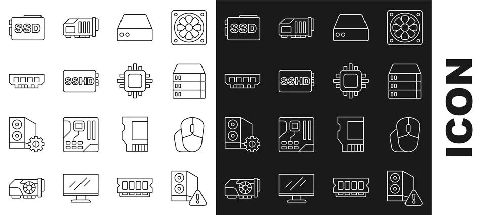 Set line Case of computer, Computer mouse, Server, Data, Web Hosting, SSHD .. Stock Illustration