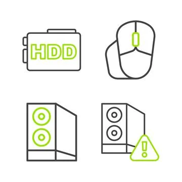 Set line Case of computer, Computer mouse and Hard disk drive HDD icon. Vecto Stock Illustration