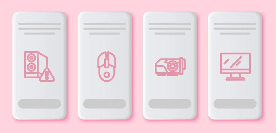 Set line Case of computer, Computer mouse, Video graphic card and monitor s.. Stock Illustration