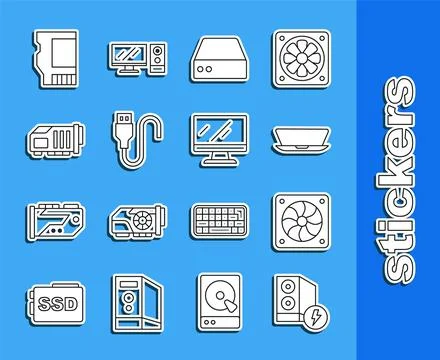 Set line Case of computer, Computer cooler, Laptop, Server, Data, Web Hosti.. Stock Illustration