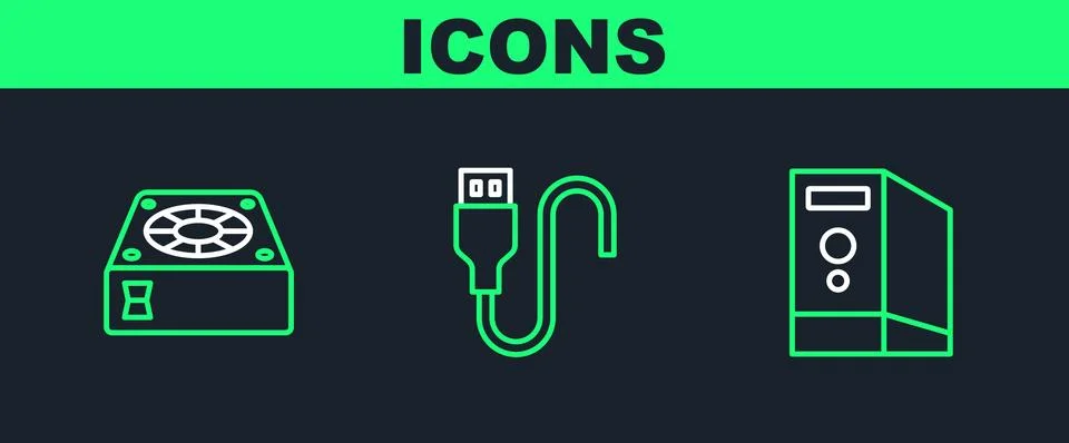 Set line Case of computer, Computer cooler and USB cable cord icon. Vector Illustrazione stock