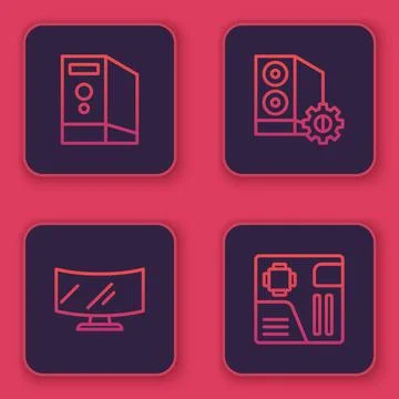 Set line Case of computer, Computer monitor screen,  and Motherboard digita.. Illustrazione stock