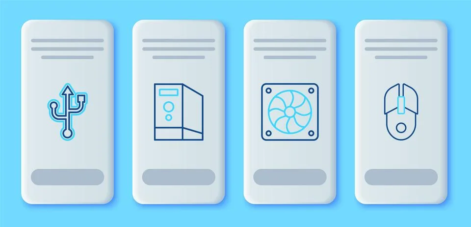 Set line Case of computer, Computer cooler, USB and mouse icon. Vector Illustrazione stock