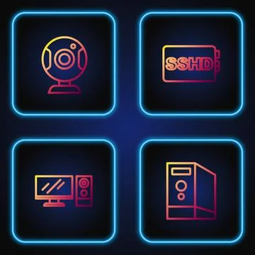 Set line Case of computer, Computer monitor, Web camera and SSHD card. Grad.. Stock Illustration
