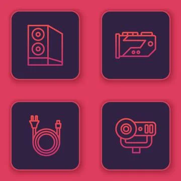 Set line Case of computer, Electric plug, Video graphic card and Web camera.  Stock Illustration