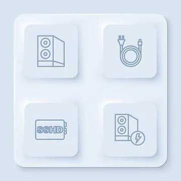 Set line Case of computer, Electric plug, SSHD card and . White square button Stock Illustration