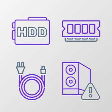Set line Case of computer, Electric plug, RAM, random access memory and Har.. Illustrazione stock
