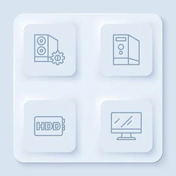 Set line Case of computer, , Hard disk drive HDD and Computer monitor screen Stock Illustration