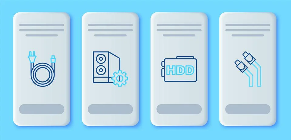 Set line Case of computer, Hard disk drive HDD, Electric plug and LAN cable Illustrazione stock