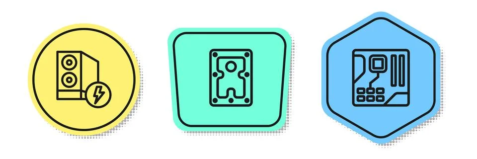 Set line Case of computer, Hard disk drive HDD and Motherboard digital chip.. Illustrazione stock