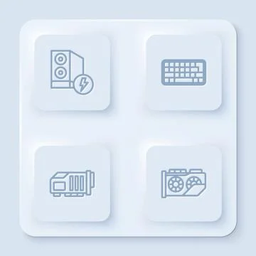Set line Case of computer, Keyboard, Video graphic card and . White square Stock Illustration