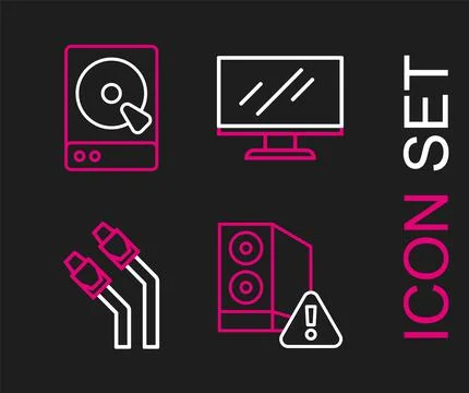 Set line Case of computer, LAN cable network internet, Computer monitor scree Illustrazione stock