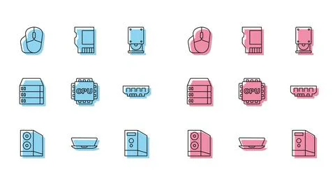 Set line Case of computer, Laptop, Computer mouse, Processor with CPU, RAM Illustrazione stock